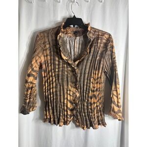 PIANO Womens Tiger Print Pleated Ruffle Collar Long Sleeve‎ Button Up Blouse XL